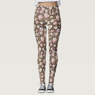 Pink and White Cosmos Floral Pattern Leggings