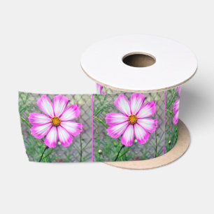 Pink and White Cosmos Flower Satin Ribbon