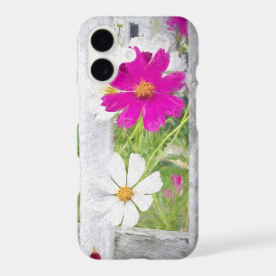 Pink and White Cosmos Flowers with Fence