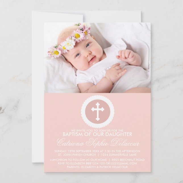 Pink and White Cross Baptism Photo Invitation (Front)