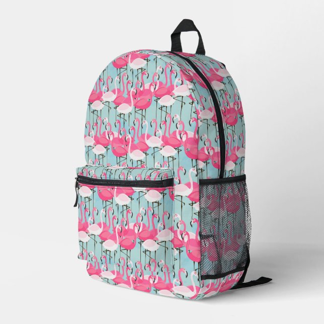 Pink And White Crowd Of Flamingos Printed Backpack (Back Corner Right)