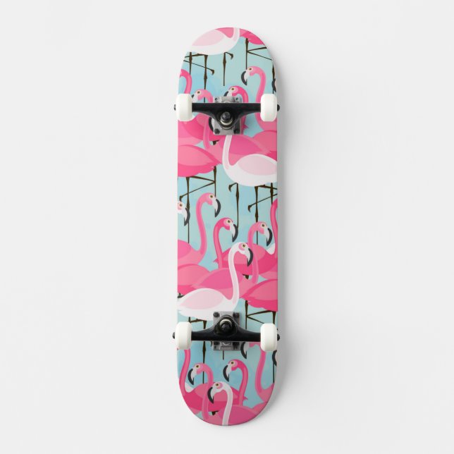 Pink And White Crowd Of Flamingos Skateboard (Front)