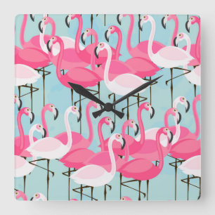 Pink And White Crowd Of Flamingos Square Wall Clock