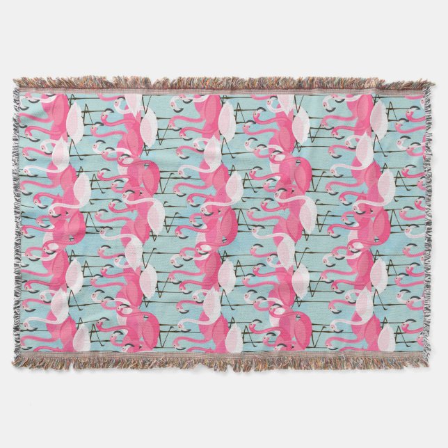 Pink And White Crowd Of Flamingos Throw Blanket (Front)