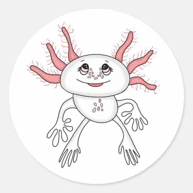 Pink and White Cute Cartoon Axolotl  Classic Round Sticker (Front)