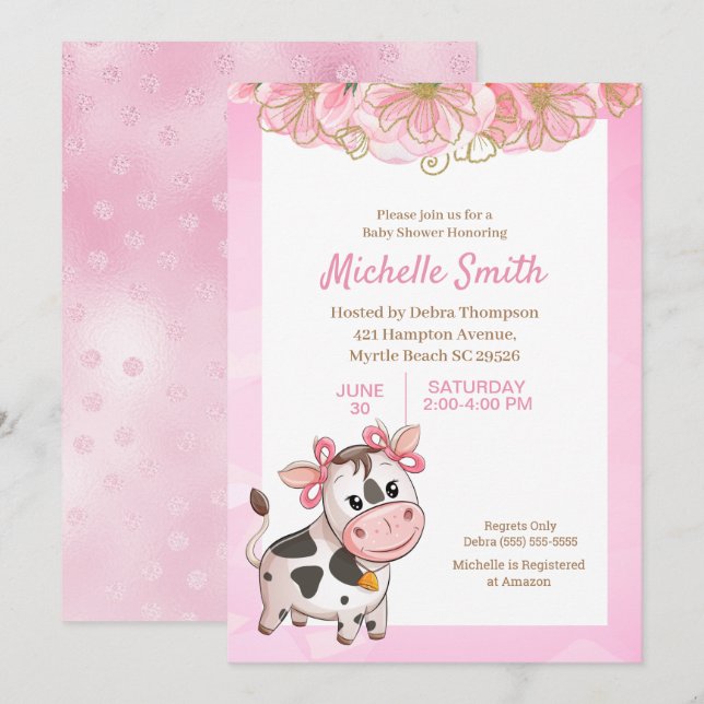 Pink and White Cute Cow Floral Baby Shower     Inv Invitation (Front/Back)
