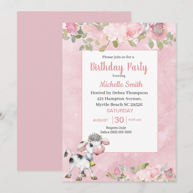  Pink and White Cute Cow Floral Birthday Party Inv Invitation (Front/Back)