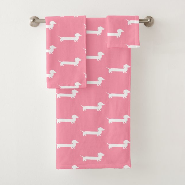 Pink and White Dachshund Girls Bathroom Bath Towel Set (Insitu)