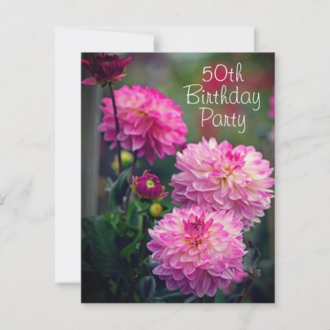 Pink and White Dahlia Flower 50th Birthday Party Invitation (Front)