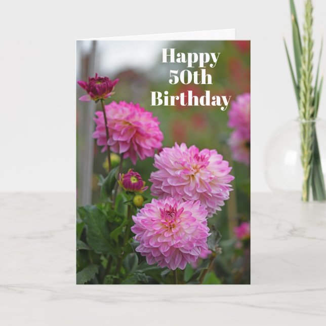 Pink and White Dahlia Flower Happy 50th Birthday Thank You Card (Front)
