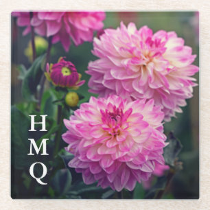 Pink and White Dahlia Flower Initials Glass Coaster