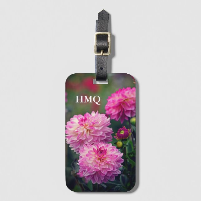Pink and White Dahlia Flower Initials Luggage Tag (Front Vertical)