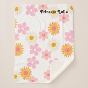Pink And White Daisy Floral Personalised Baby name Sherpa Blanket