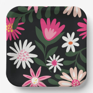 Pink and White Daisy Pattern Paper Plate