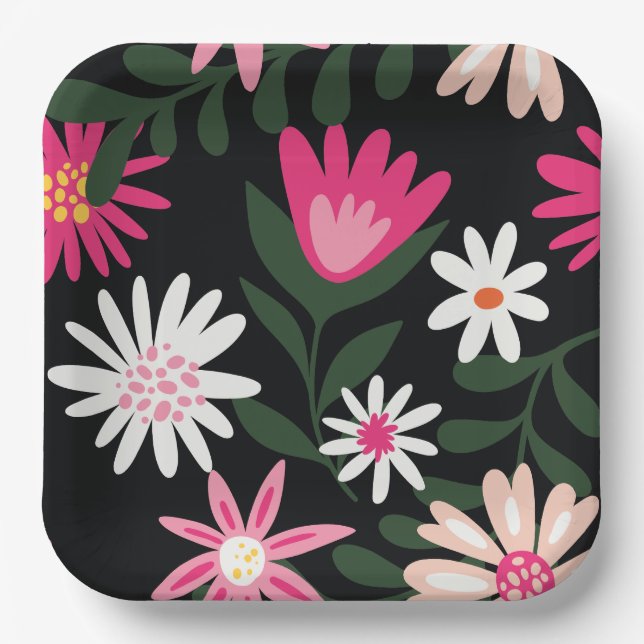 Pink and White Daisy Pattern Paper Plate (Front)