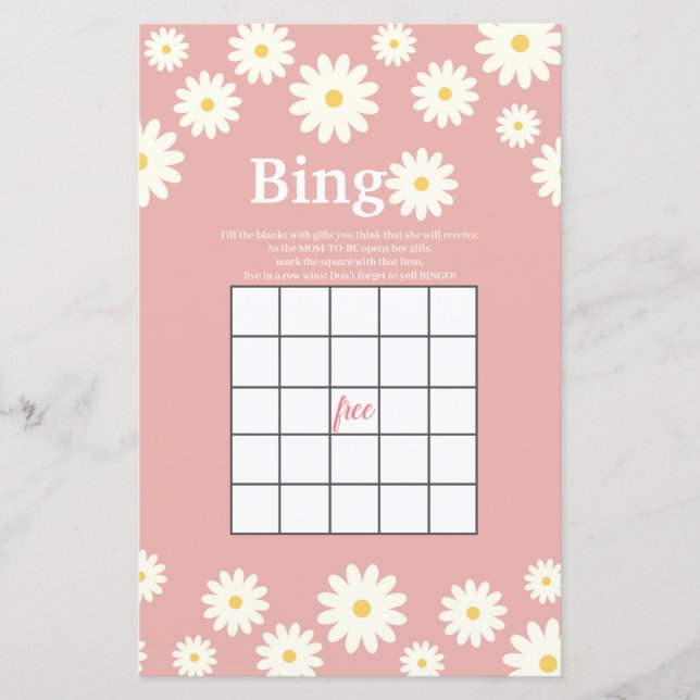 Pink and White Daisy Watercolor Bingo Game (Front)