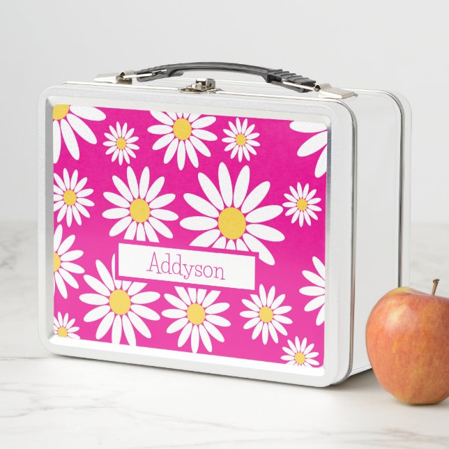 Pink and White Daisy with name Metal Lunch Box (In Situ)