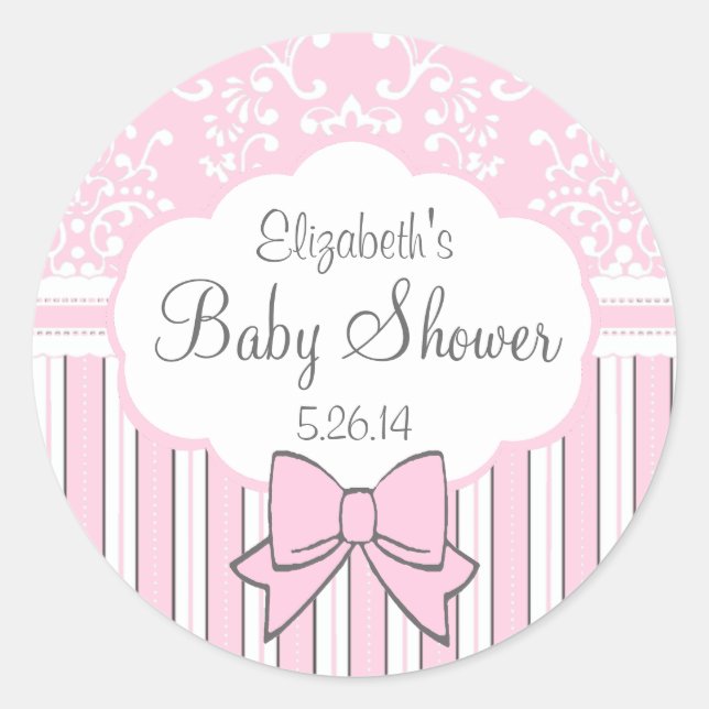 Pink and White Damask Baby Shower Classic Round Sticker (Front)
