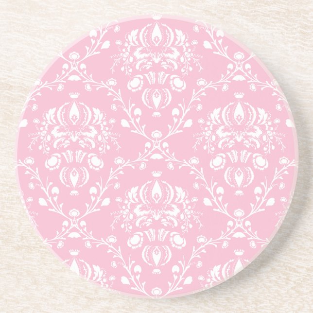 Pink and White Damask Coaster (Front)