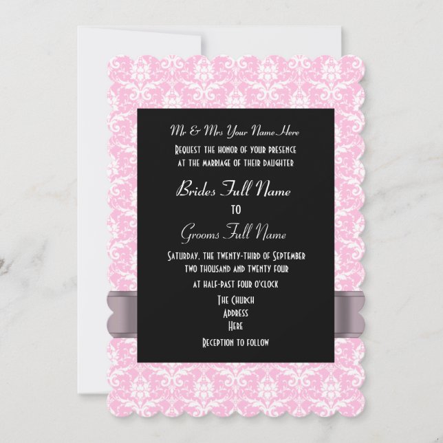 pink and white damask formal wedding invitation (Front)