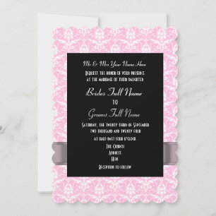 pink and white damask formal wedding invitation