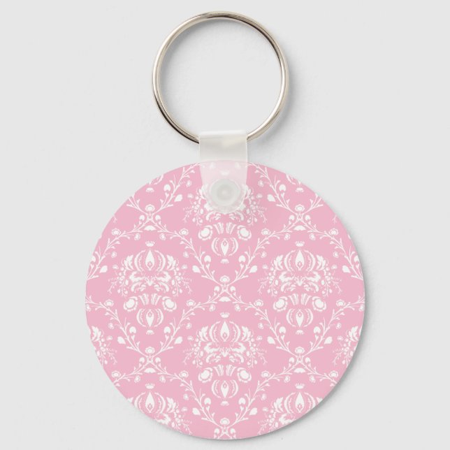 Pink and White Damask Key Ring (Front)