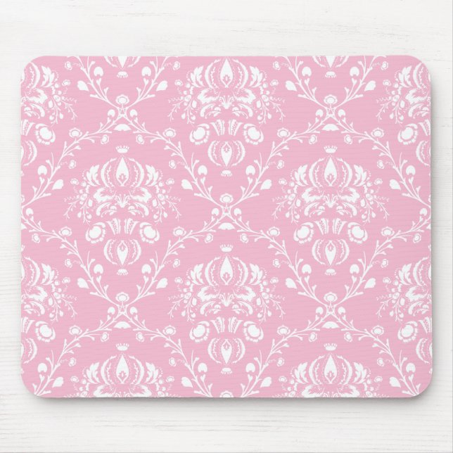 Pink and White Damask Mouse Mat (Front)