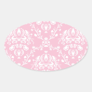 Pink and White Damask Oval Sticker