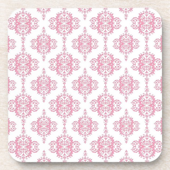 Pink and White Damask Pattern Coaster (Front)