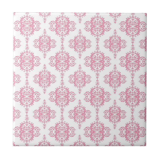 Pink and White Damask Pattern Tile (Front)