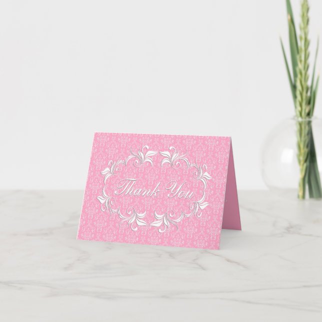 Pink and White Damask/Swirl Frame Note Card (Front)