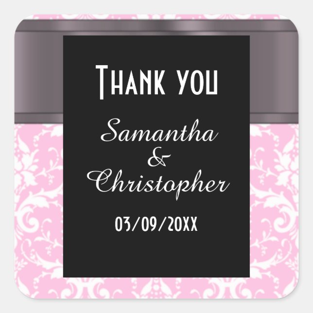 Pink and white damask thank you square sticker (Front)