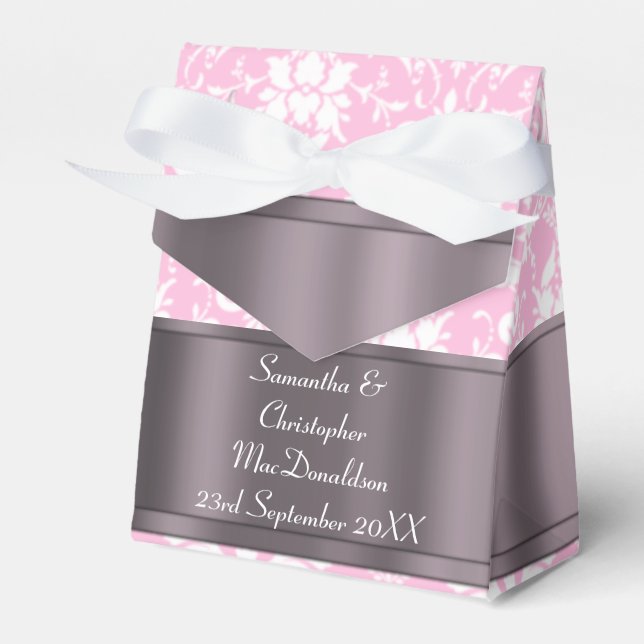 Pink and white damask wedding favour box (Front Side)