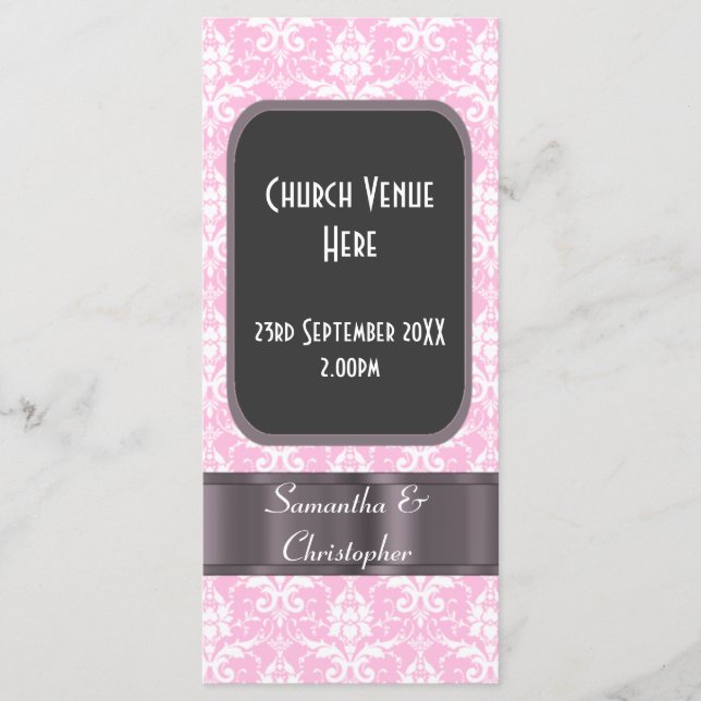 Pink and white damask wedding program programme (Front)