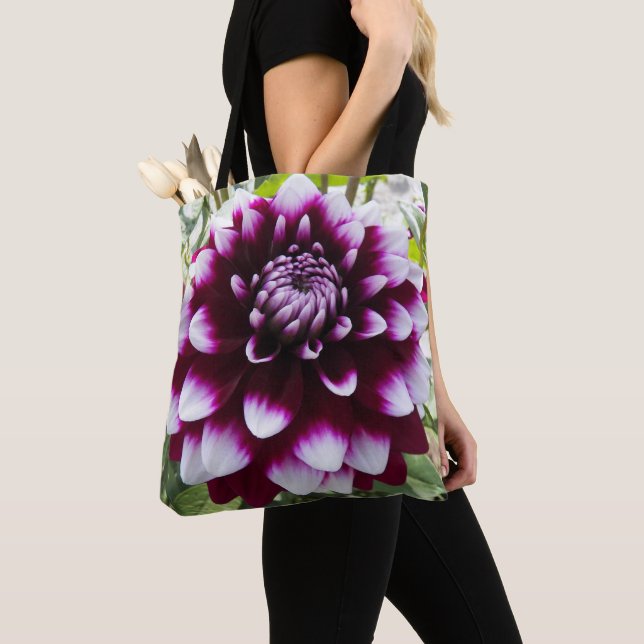 Pink and White Decorative Dahlia Floral Tote Bag (Close Up)