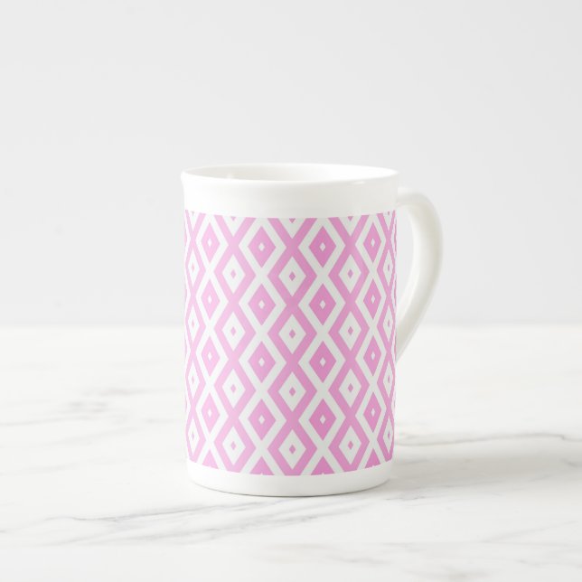 Pink and white diamond pattern bone china mug (Front Right)