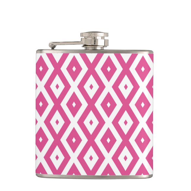 Pink and white diamond pattern hip flask (Front)