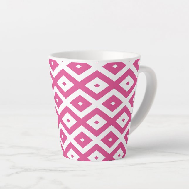 Pink and white diamond pattern latte mug (Right Angle)