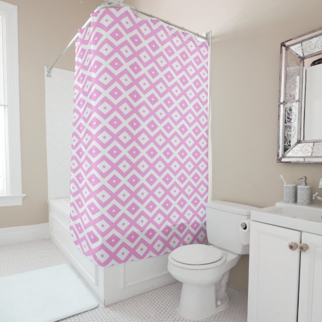 Pink and white diamond pattern shower curtain (In Situ)