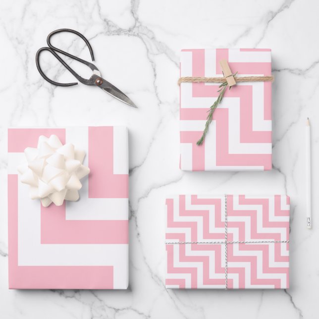 Pink and White Different Sizes Diagonal Chevron Wrapping Paper Sheet (Front)