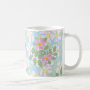 Pink and White Dog Roses on Sky Blue Coffee Mug