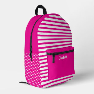 Pink and White Dots Dotted Striped Pattern Name Printed Backpack