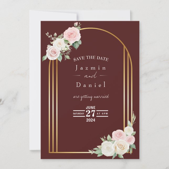 Pink And White Dusky Rose Blooms Wedding  Save The Date (Front)