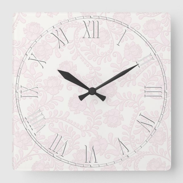 Pink and White Elegant Flower Floral Square Wall Clock (Front)