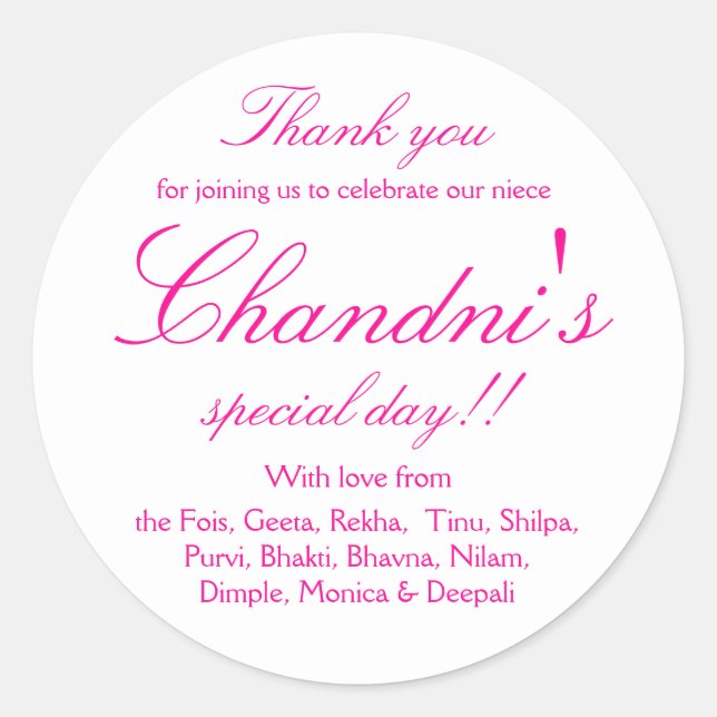 Pink and white favour thank you stickers (Front)