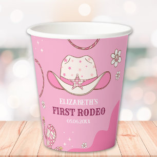 Pink and White First Rodeo Birthday Theme Paper Cups