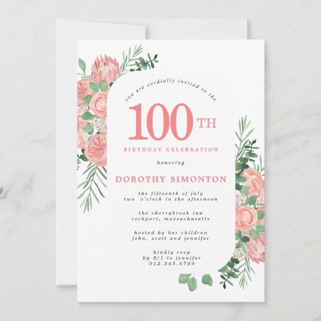 Pink and White Floral 100th Birthday Invitation (Front)