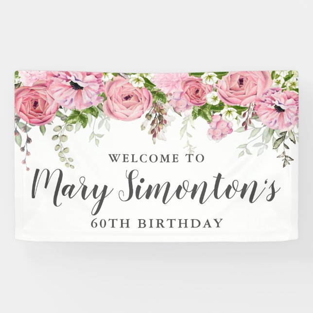 Pink and White Floral 60th Birthday Party Welcome Banner (Horizontal)