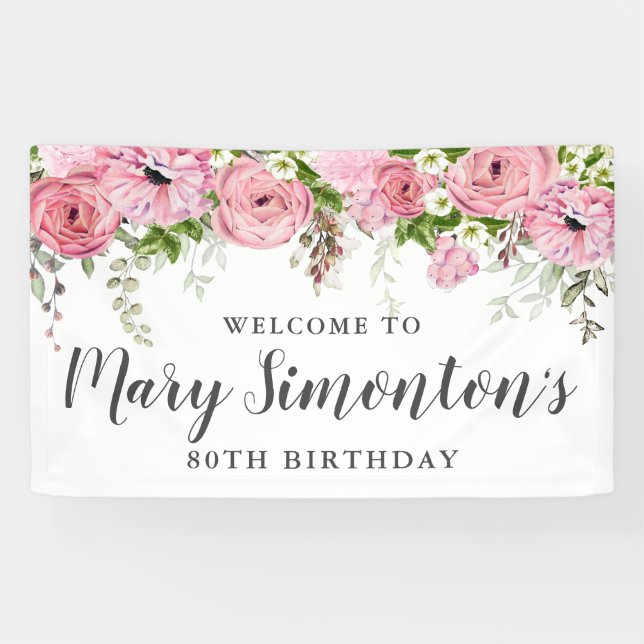 Pink and White Floral 80th Birthday Party Welcome Banner (Horizontal)