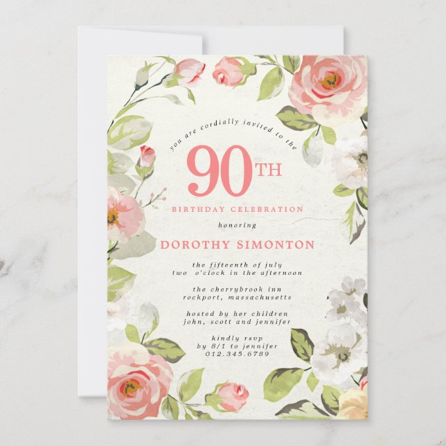 Pink and White Floral 90th Birthday Invitation (Front)